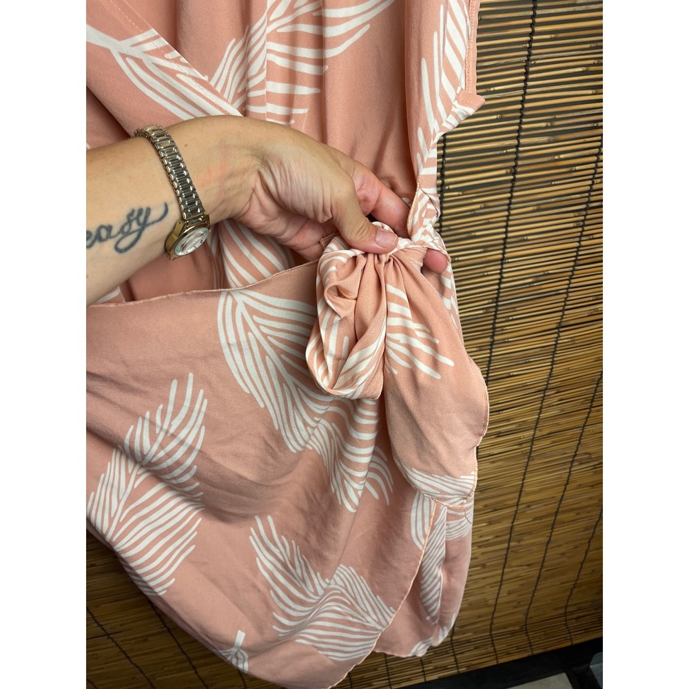 Peach Pink Tropical Leaf Print Faux Wrap Dress V-Neck Side Tie Short Sleeve 1X